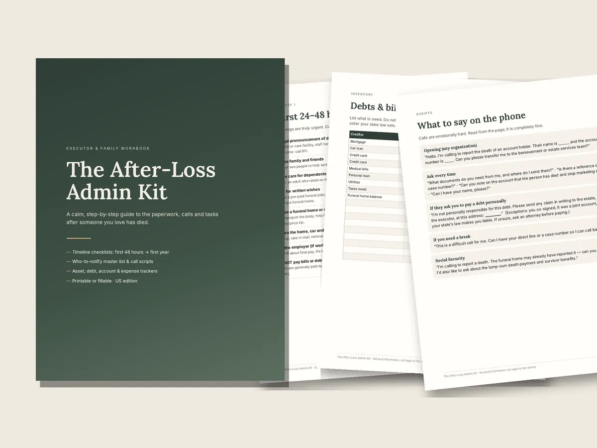 The After-Loss Admin Kit workbook pages