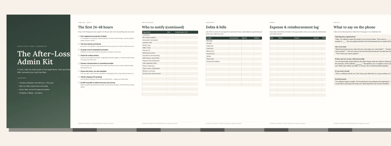 Pages inside the kit: timeline, notify list, letters and tracker